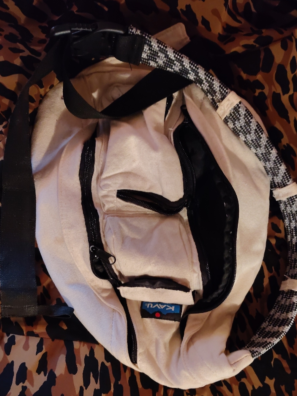 Kavu Cream Canvas Sling Bag with Black Accents